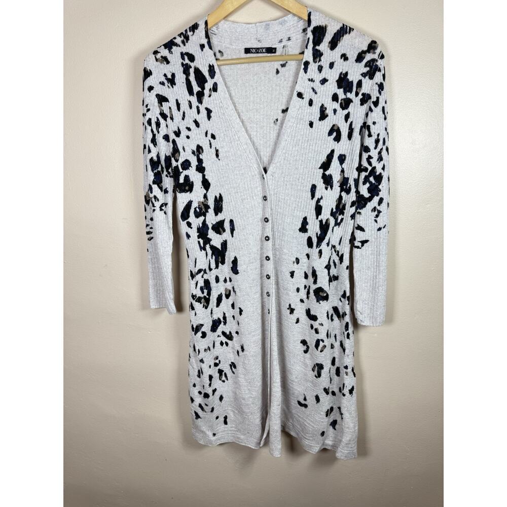 Nic + Zoe Womens Long Cardigan Knit Leopard Linen Blend Lightweight M Coastal